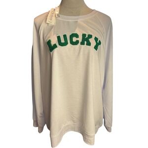 Workshop Republic Clothing Lucky Sweatshirt White Green Chenille Patch Womens 2X